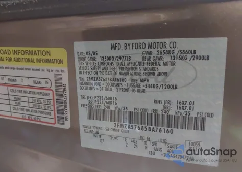 2005 Ford Freestar Ses from USA, damaged, VIN 2FMZA57635BA76160